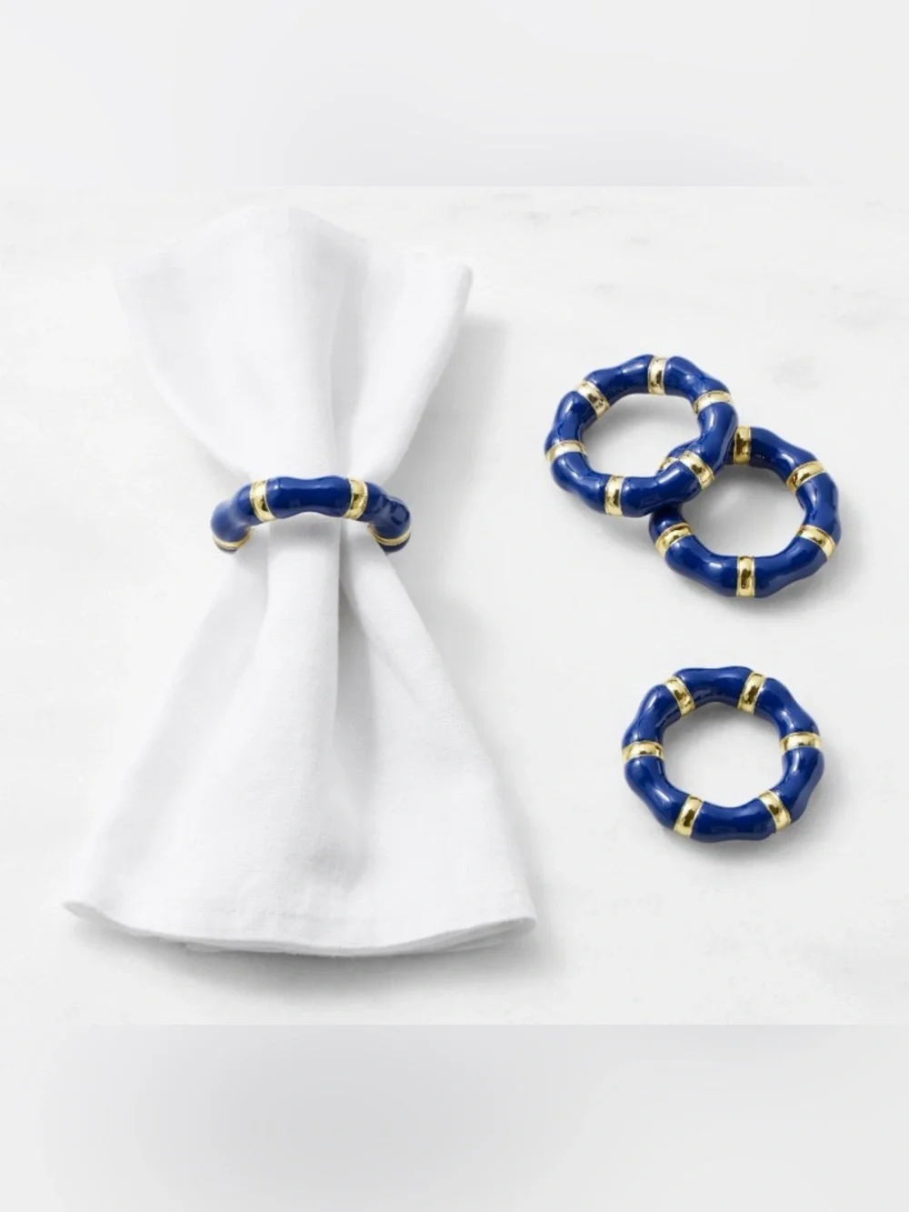 Pottery Barn Cloisonné Bangle Blue and Gold Bamboo-Style Napkin Rings (Set of 4)